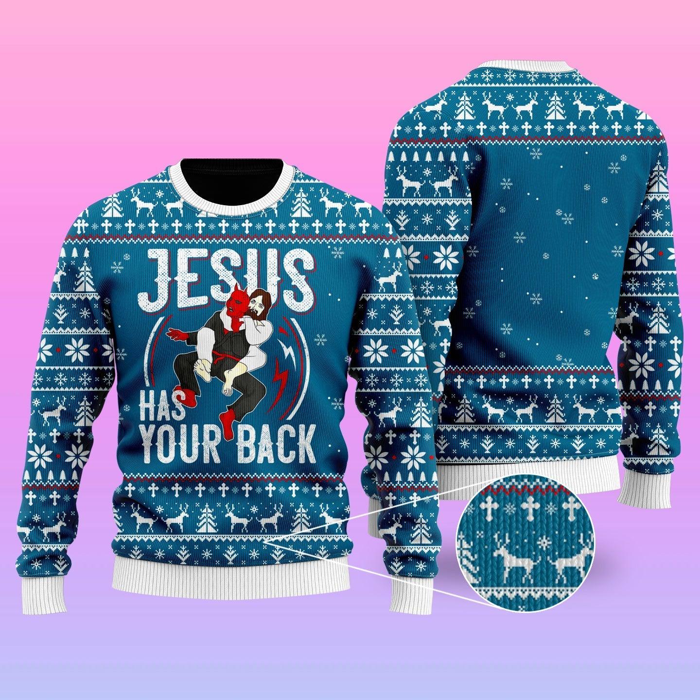 Funny Jesus Has Your Back Jiu Jitsu Ugly Christmas Sweater For Men & Women - Best Gift For Christian - Christian Shirt