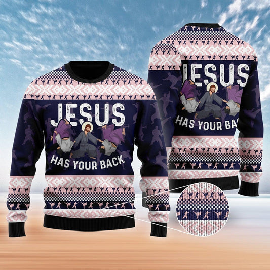 Funny Jesus Has Your Back Jiu Jitsu Ugly Christmas Sweater For Men & Women - Best Gift For Christian