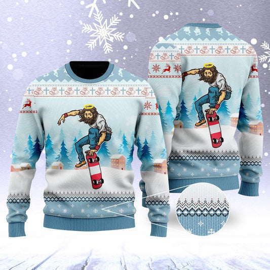 Funny Jesus Skateboarding Christmas Ugly Christmas Sweater For Men & Women Adult - Christian Shirts Gifts Idea