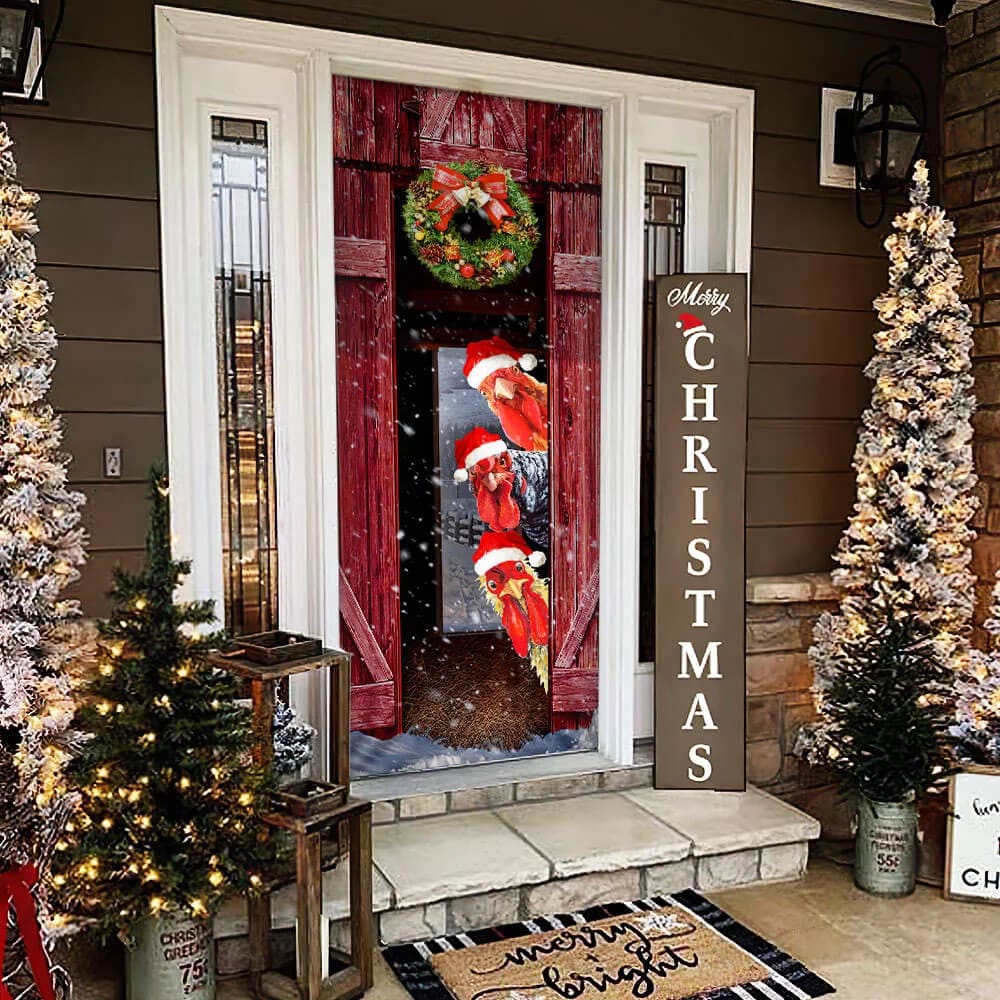 Funny Rooster Chicken Merry Christmas Door Cover - Christmas Outdoor Decoration