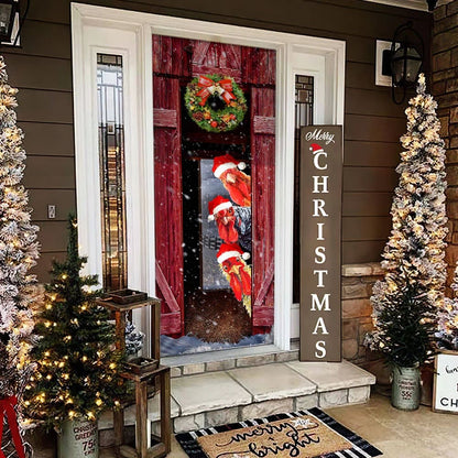 Funny Rooster Chicken Merry Christmas Door Cover - Christmas Outdoor Decoration