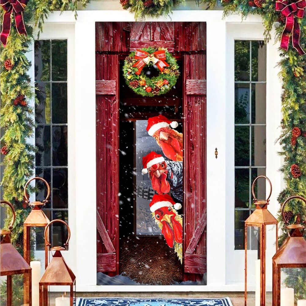 Funny Rooster Chicken Merry Christmas Door Cover - Christmas Outdoor Decoration