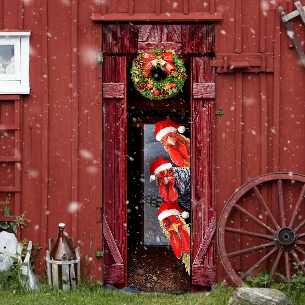 Funny Rooster Chicken Merry Christmas Door Cover - Christmas Outdoor Decoration