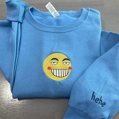 Funny Smiley Face Embroidered Sweatshirt, Women's Embroidered Sweatshirts