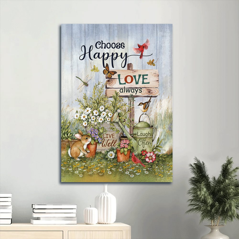 Garden Cute Rabbit Daisy Vase Choose Happy Love Always Canvas Wall Art - Christian Gift