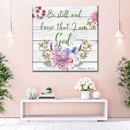 Garden Florals Be Still And Know Bible Verse Square Canvas Wall Art - Bible Verse Wall Art Canvas - Religious Wall Hanging