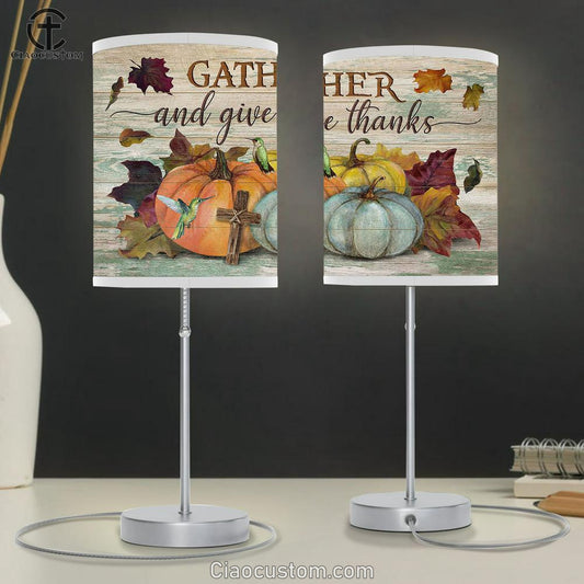 Gather And Give Thanks Pumpkin Hummingbird Wooden Cross Table Lamp For Bedroom - Bible Verse Table Lamp - Religious Room Decor
