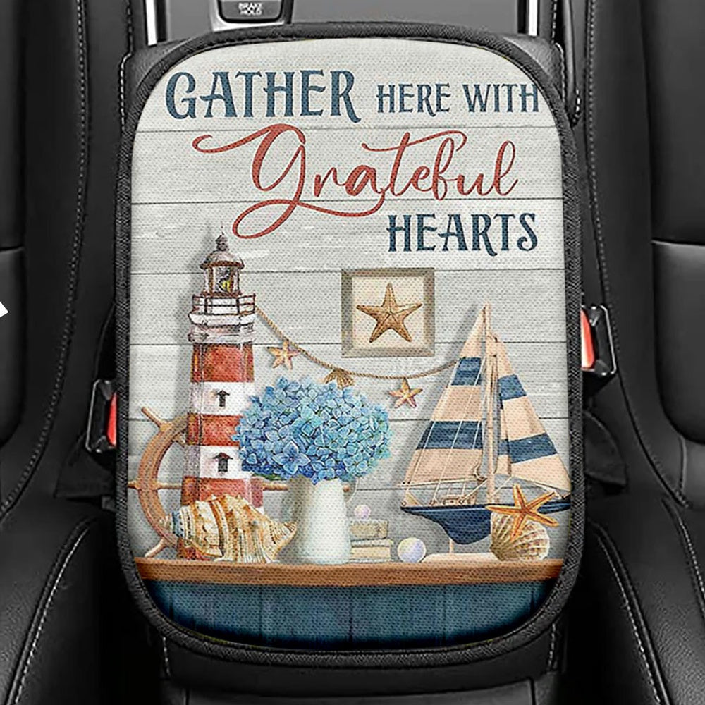 Gather Here With Grateful Hearts Lighthouse Seat Box Cover, Bible Verse Car Center Console Cover, Christian Inspirational Car Interior Accessories