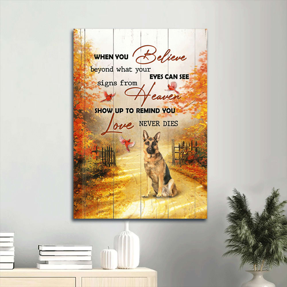 German Shepherd Autumn Forest Red Cardinal Gift For German Shepherd Signs From Heaven Show Up To Remind Love Never Dies Canvas Wall Art - Christian Gift