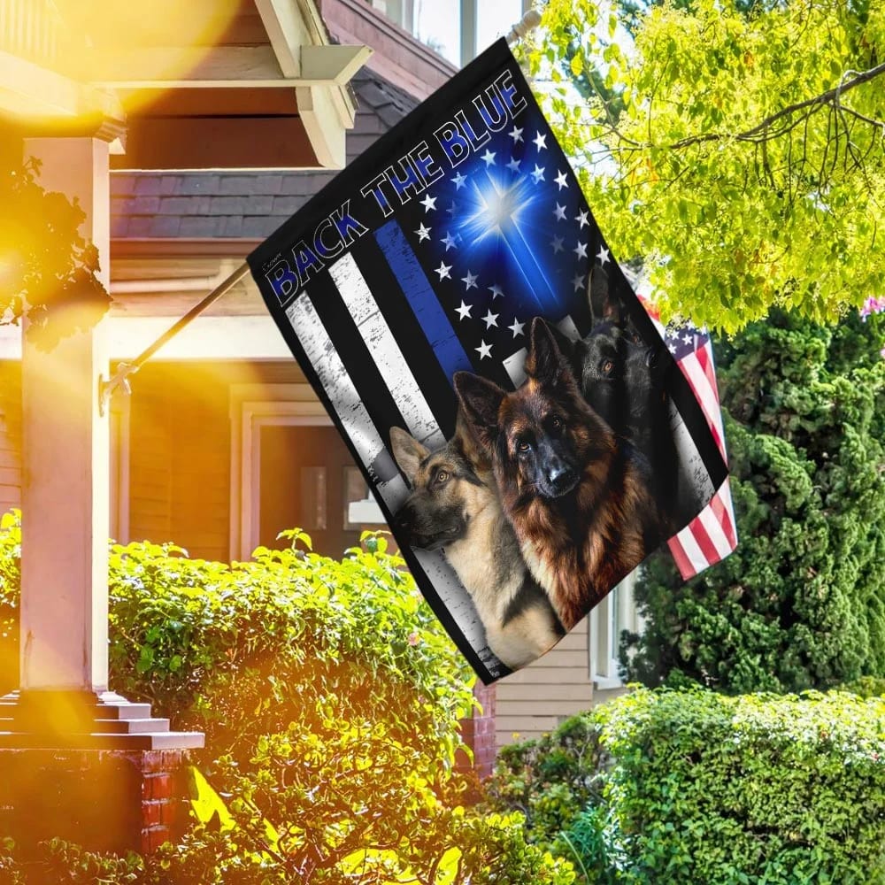 German Shepherd Back The Blue Christian Cross House Flags - Christian Garden Flags - Outdoor Christian Flag