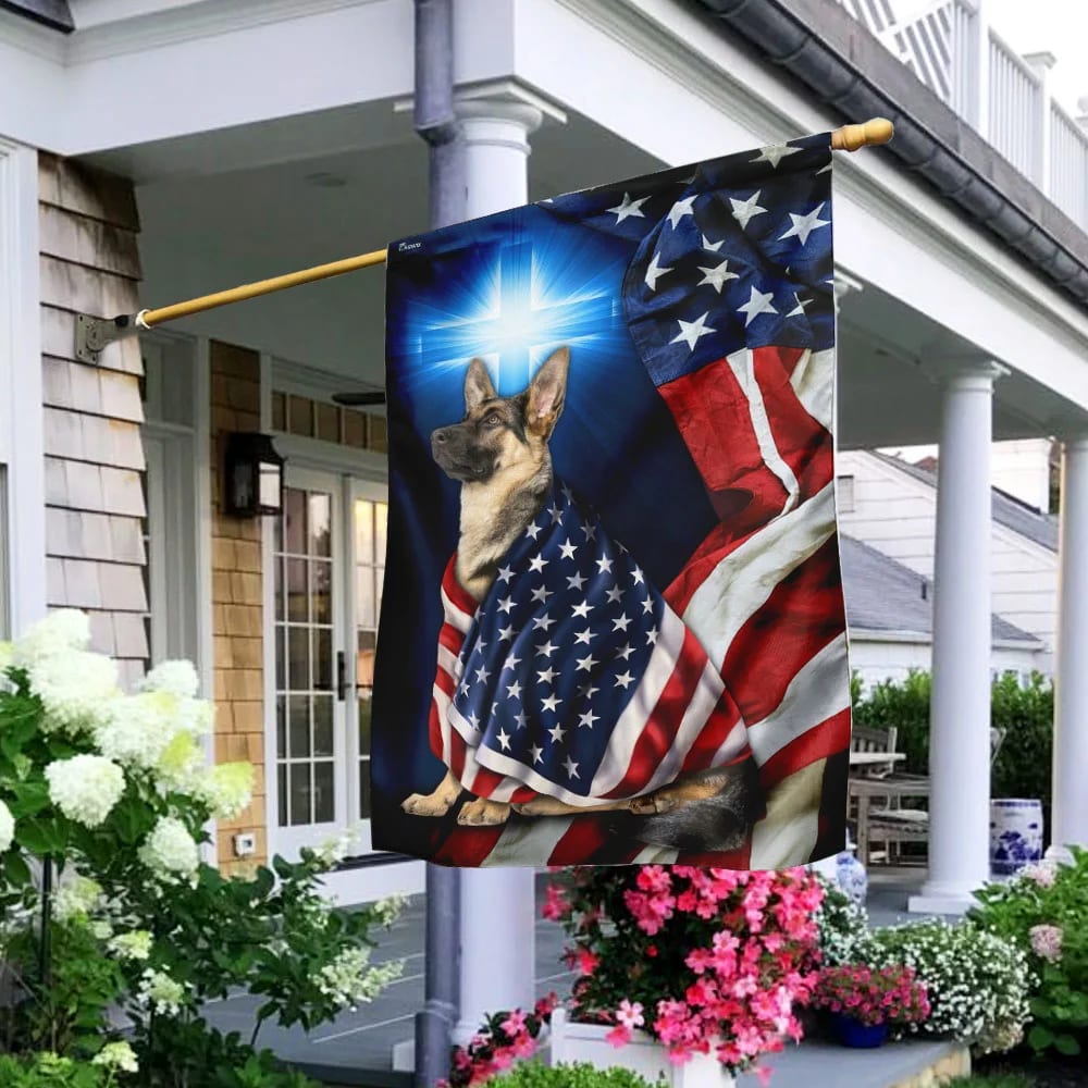 German Shepherd Christian Cross House Flags - Christian Garden Flags - Outdoor Christian Flag