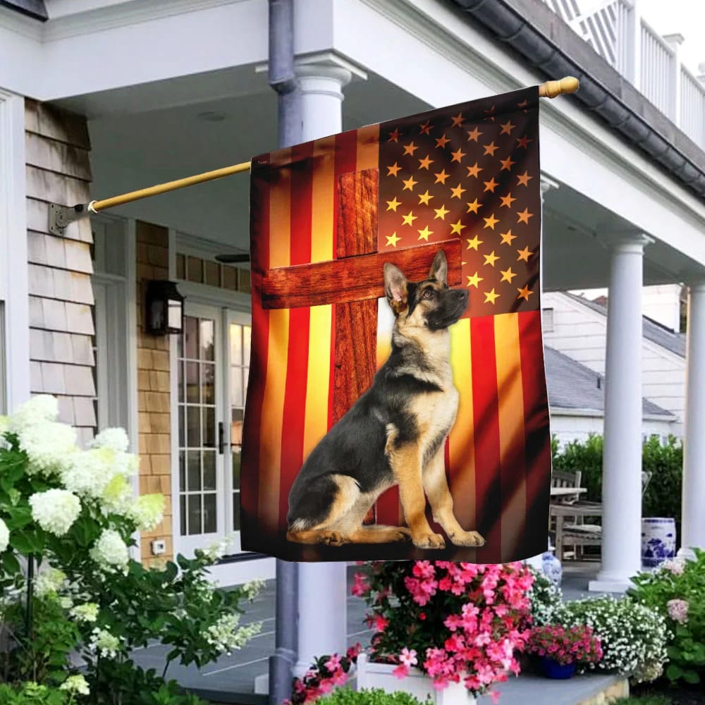 German Shepherd Jesus Cross American US House Flags - Christian Garden Flags - Outdoor Christian Flag