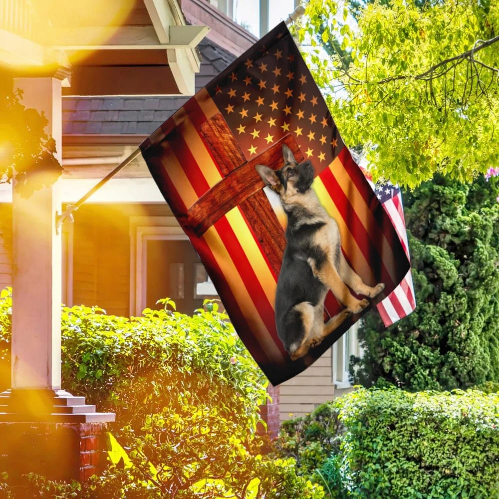 German Shepherd Jesus Cross American US House Flags - Christian Garden Flags - Outdoor Christian Flag