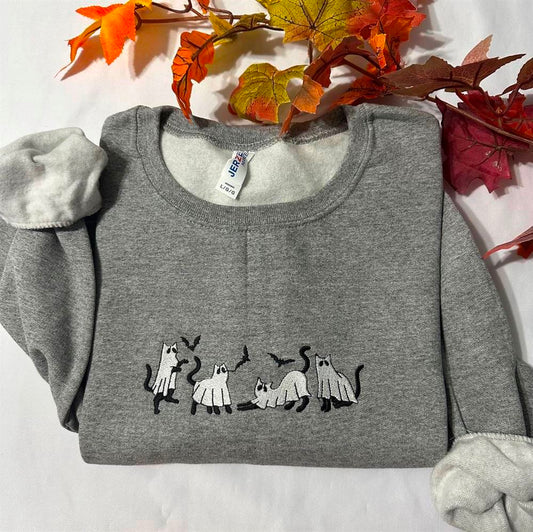 Ghost Cats Embroidered Sweatshirt, Women's Embroidered Sweatshirts