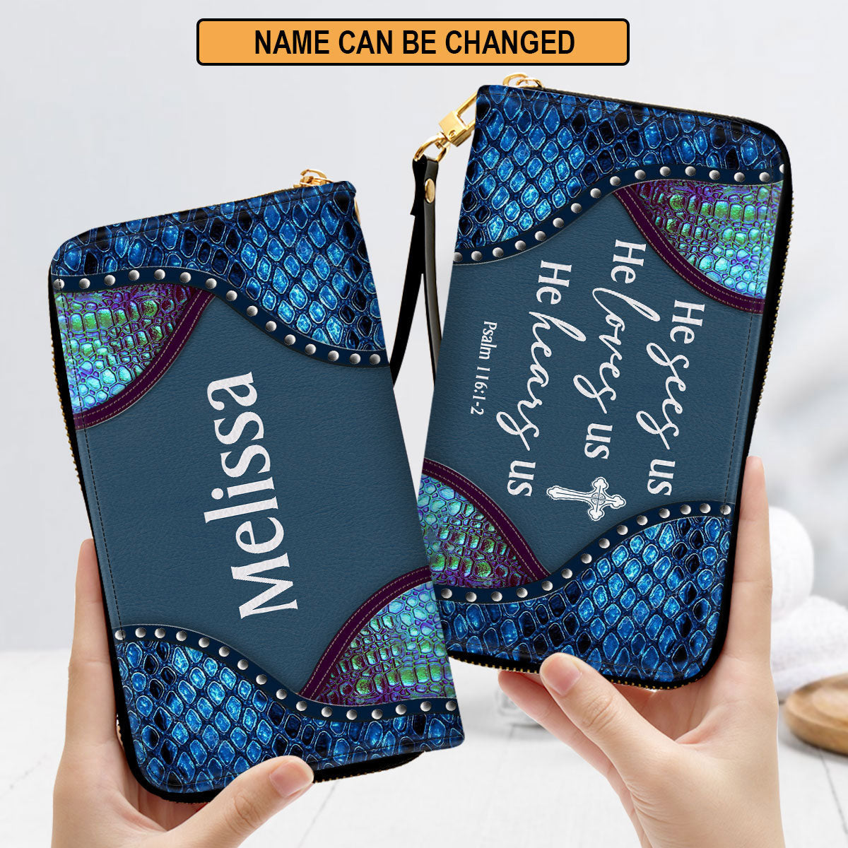Gift Scriptures For Women He Sees Us, He Loves Us Psalm 1161 2 Clutch Purse For Women - Personalized Name - Christian Gifts For Women