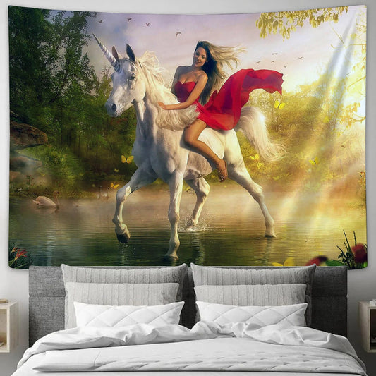 Girl And Unicorn Horse Painting Tapestry - Tapestry Wall Decor - Home Decor Living Room