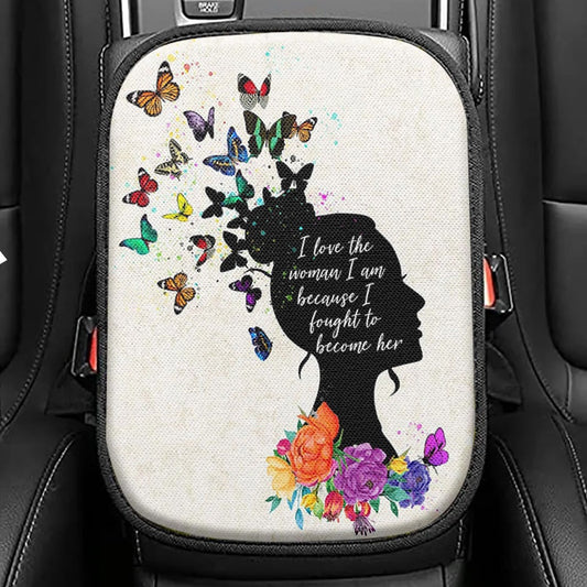 Girl I Love The Woman I've Become Seat Box Cover, Boho Hippie Butterfly Car Center Console Cover