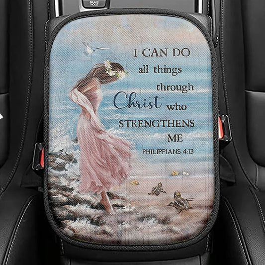 Girl In The Beach Turtle Blue Beach Seat Box Cover, I Can Do All Things Through Christ Car Center Console Cover, Bible Verse Car Interior Accessories