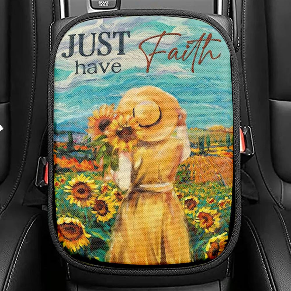Girl Painting, Sunflower Garden, Blue Sky, Just Have Faith Car Center Console Cover, Christian Armrest Seat Cover, Bible Seat Box Cover