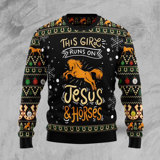 Girls Run On Jesus And Horses Ugly Christmas Sweater - Xmas Gifts For Him Or Her - Christmas Gift For Friends - Jesus Christ Sweater