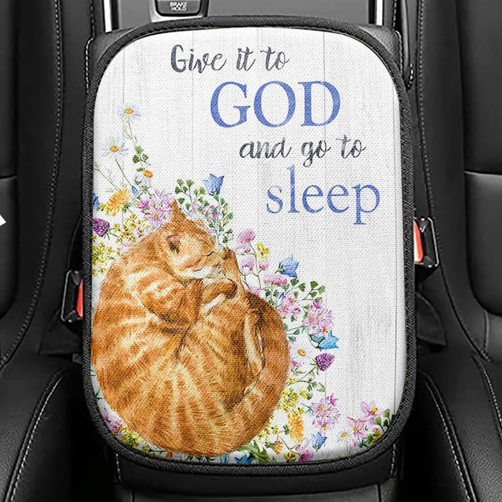 Give It To God And Go To Sleep Jesus Little Cat Butterfly Seat Box Cover, Christian Car Center Console Cover, Bible Verse Car Interior Accessories