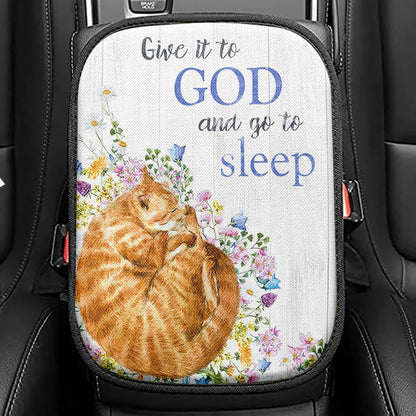 Give It To God And Go To Sleep Jesus Little Cat Butterfly Seat Box Cover, Christian Car Center Console Cover, Bible Verse Car Interior Accessories