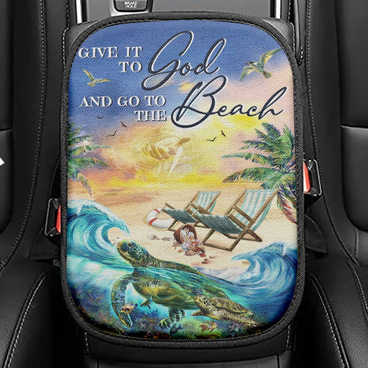 Give It To God And Go To The Beach Jesus Hand Turtle Summer Seat Box Cover, Christian Car Center Console Cover, Religious Car Interior Accessories