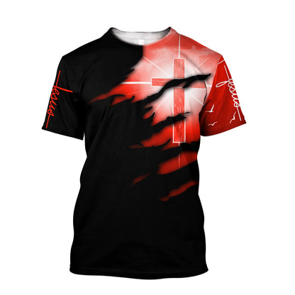 Glowing Light Cross Black And Red Color Jesus Unisex Shirts - Christian 3d Shirts For Men Women
