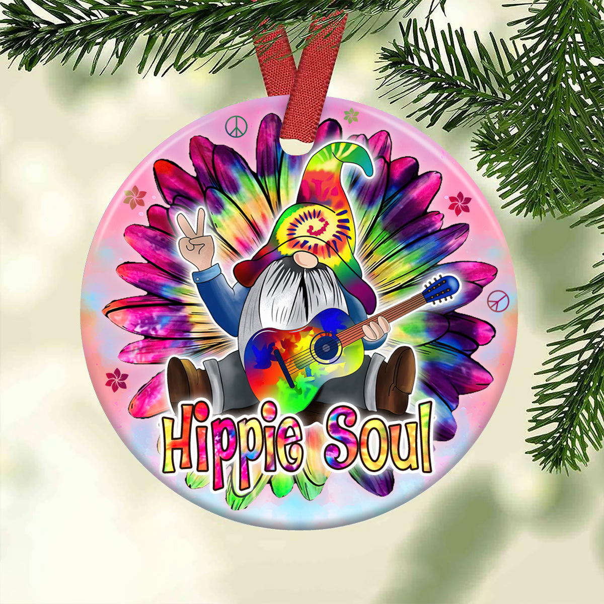 Gnome Hippie Soul Ceramic Circle Ornament - Decorative Ornament - Christmas Ornament