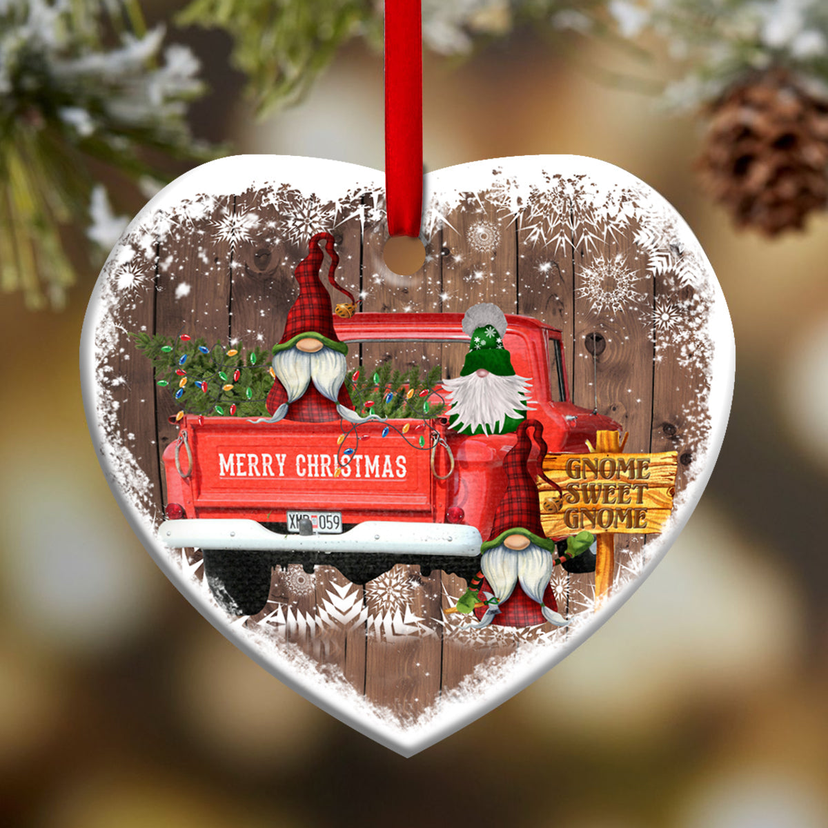 Gnome Red Truck Christmas Heart Ornament - Christmas Ornament - Ciaocustom