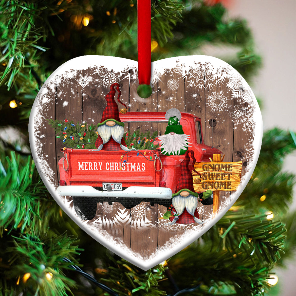 Gnome Red Truck Christmas Heart Ornament - Christmas Ornament - Ciaocustom