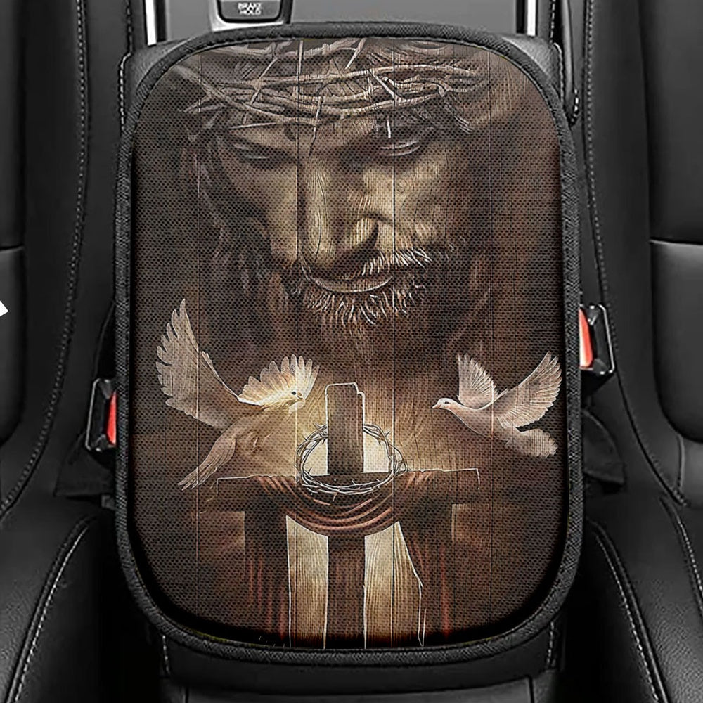 God And Doves Seat Box Cover, Christian Car Center Console Cover, Religious Car Interior Accessories