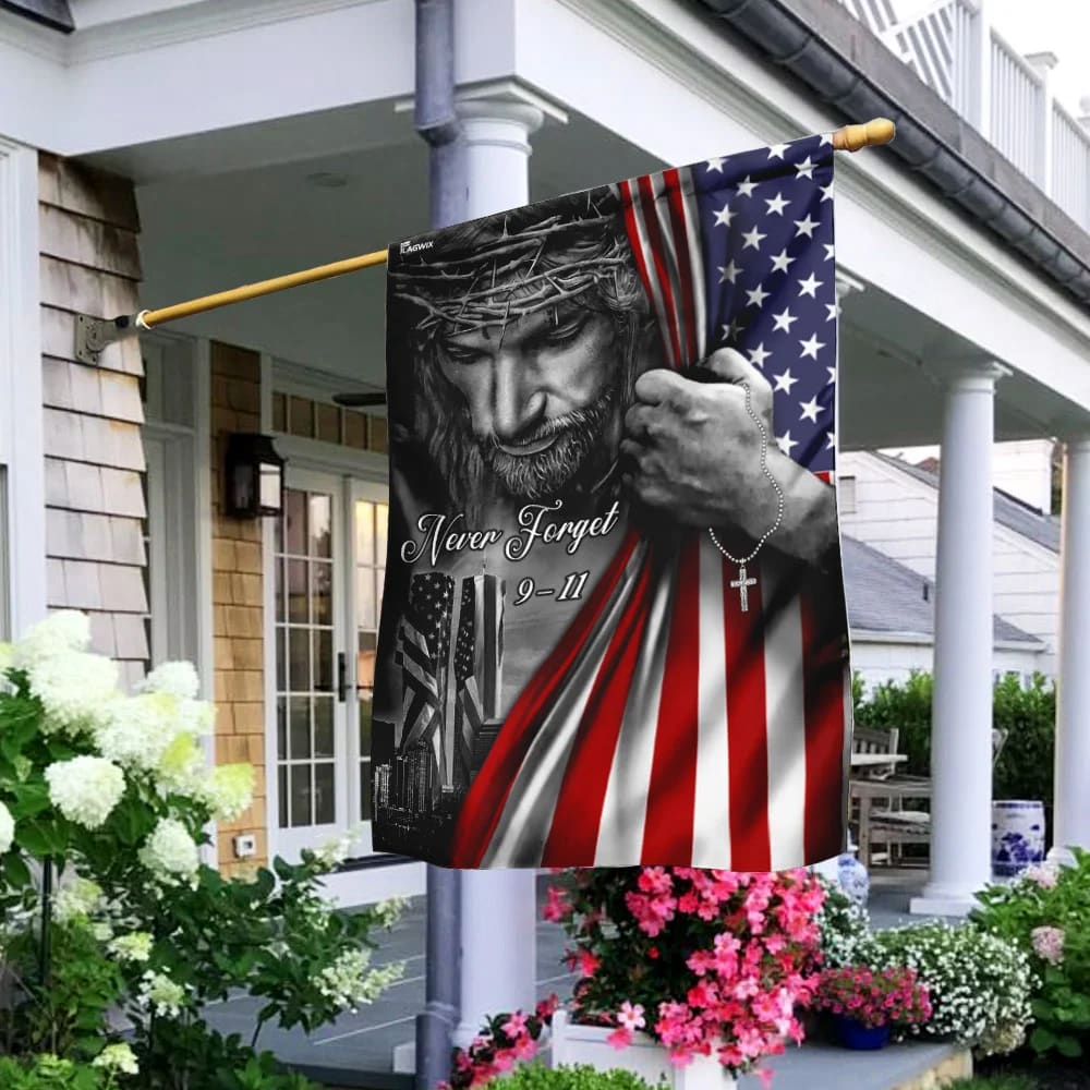 God Bless America 911 Jesus Never Forget 911 House Flags - Christian Garden Flags - Outdoor Christian Flag