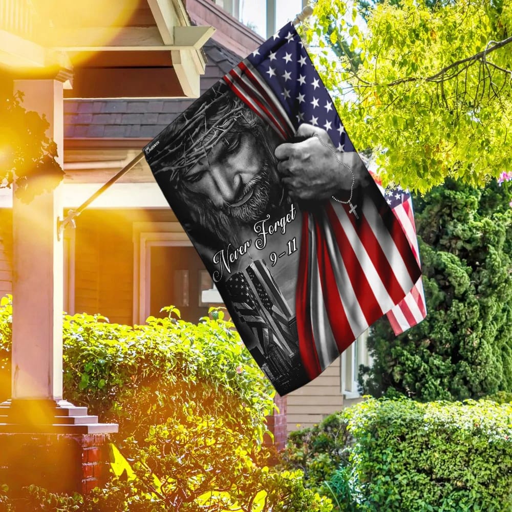 God Bless America 911 Jesus Never Forget 911 House Flags - Christian Garden Flags - Outdoor Christian Flag