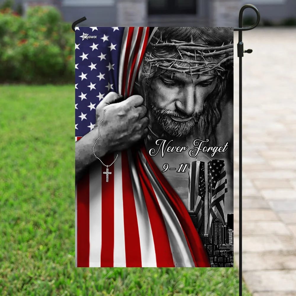 God Bless America 911 Jesus Never Forget 911 House Flags - Christian Garden Flags - Outdoor Christian Flag