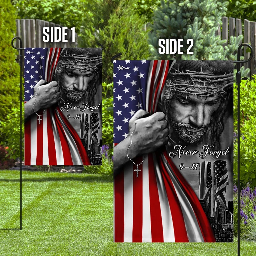 God Bless America 911 Jesus Never Forget 911 House Flags - Christian Garden Flags - Outdoor Christian Flag