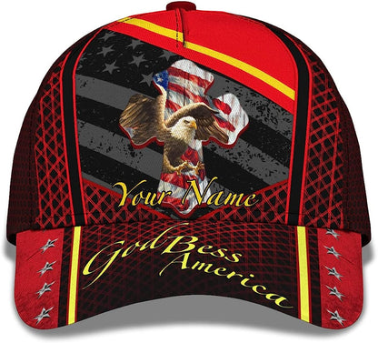 God Bless America Bald Eagle America Flag Custom Name All Over Print Baseball Cap - Christian Hats For Men Women