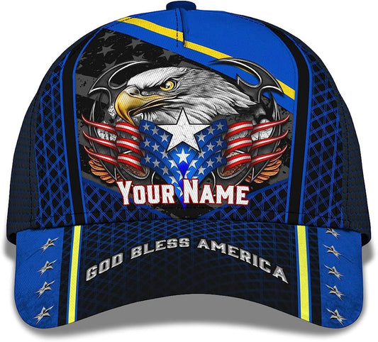 God Bless America Bald Eagle Stars Custom Name All Over Print Baseball Cap - Christian Hats For Men Women