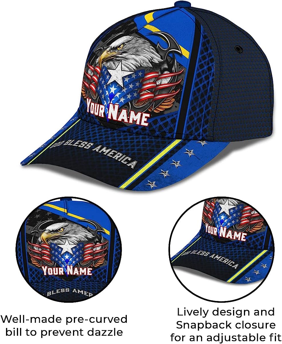 God Bless America Bald Eagle Stars Custom Name All Over Print Baseball Cap - Christian Hats For Men Women
