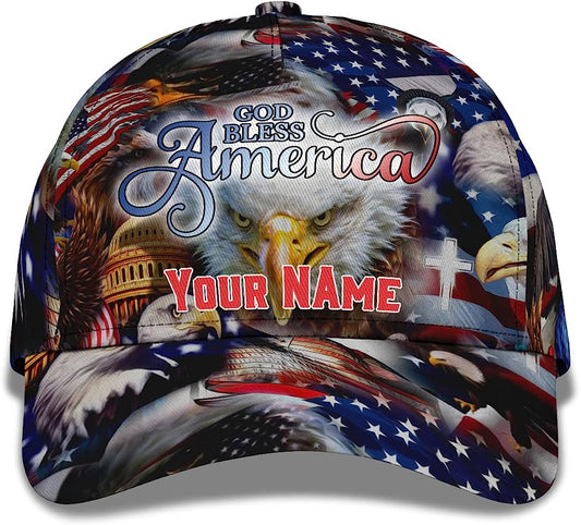 God Bless America Bald Eagles America Flag Custom Name All Over Print Baseball Cap - Christian Hats For Men Women