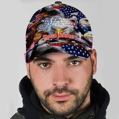 God Bless America Bald Eagles America Flag Custom Name All Over Print Baseball Cap - Christian Hats For Men Women