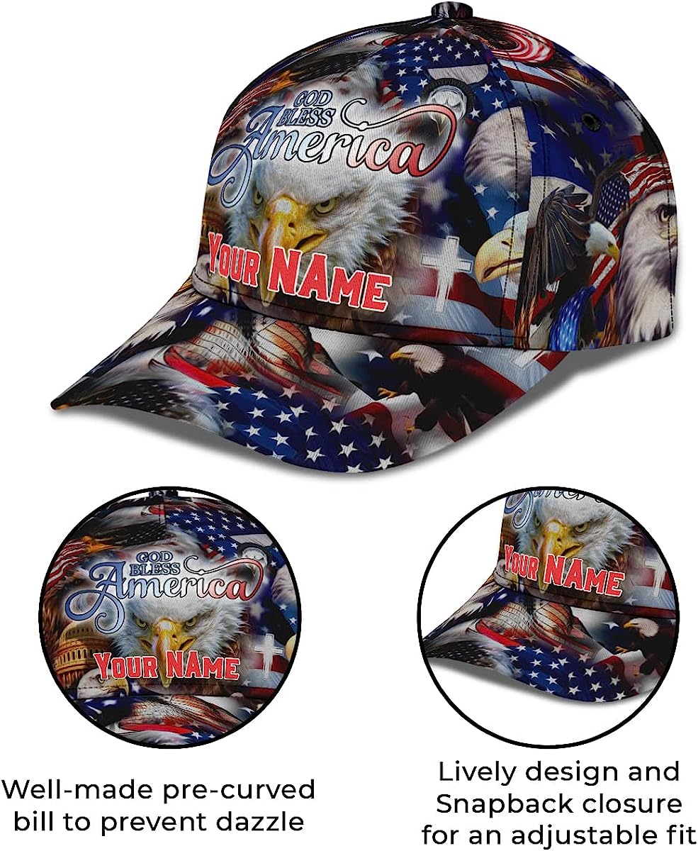 God Bless America Bald Eagles America Flag Custom Name All Over Print Baseball Cap - Christian Hats For Men Women