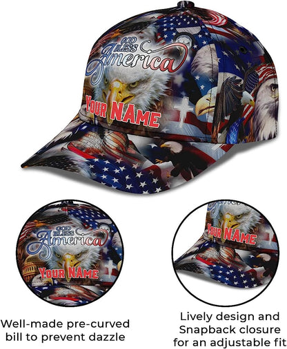 God Bless America Bald Eagles America Flag Custom Name All Over Print Baseball Cap - Christian Hats For Men Women