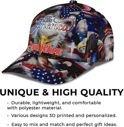 God Bless America Bald Eagles America Flag Custom Name All Over Print Baseball Cap - Christian Hats For Men Women