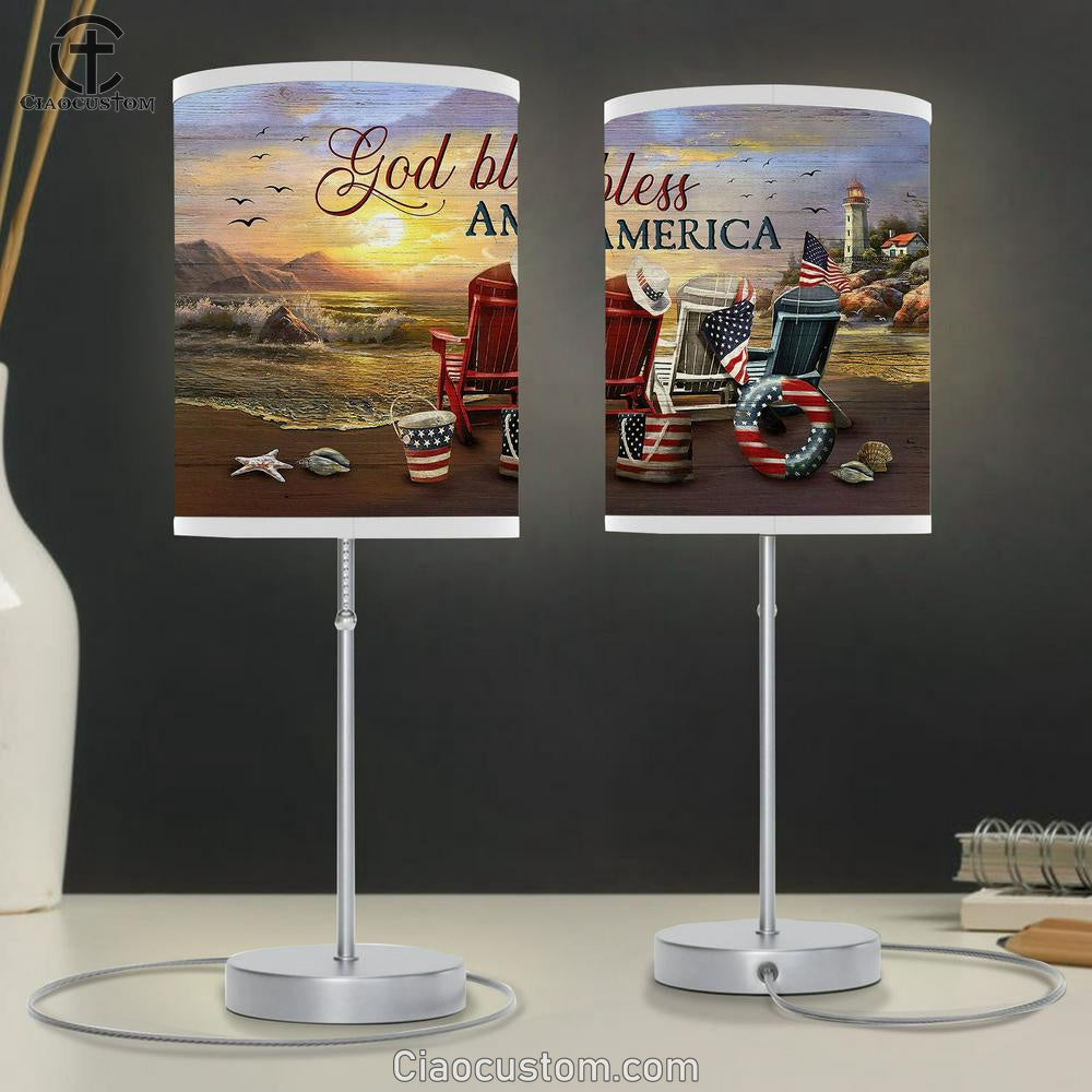 God Bless America Beach Chair American Flag Table Lamp For Bedroom - Bible Verse Table Lamp - Religious Room Decor