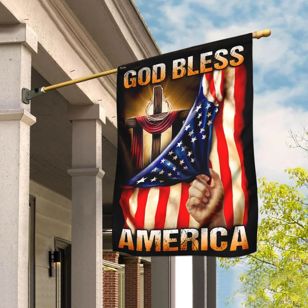 God Bless America Christian Cross Flag - Outdoor Christian House Flag - Christian Garden Flags
