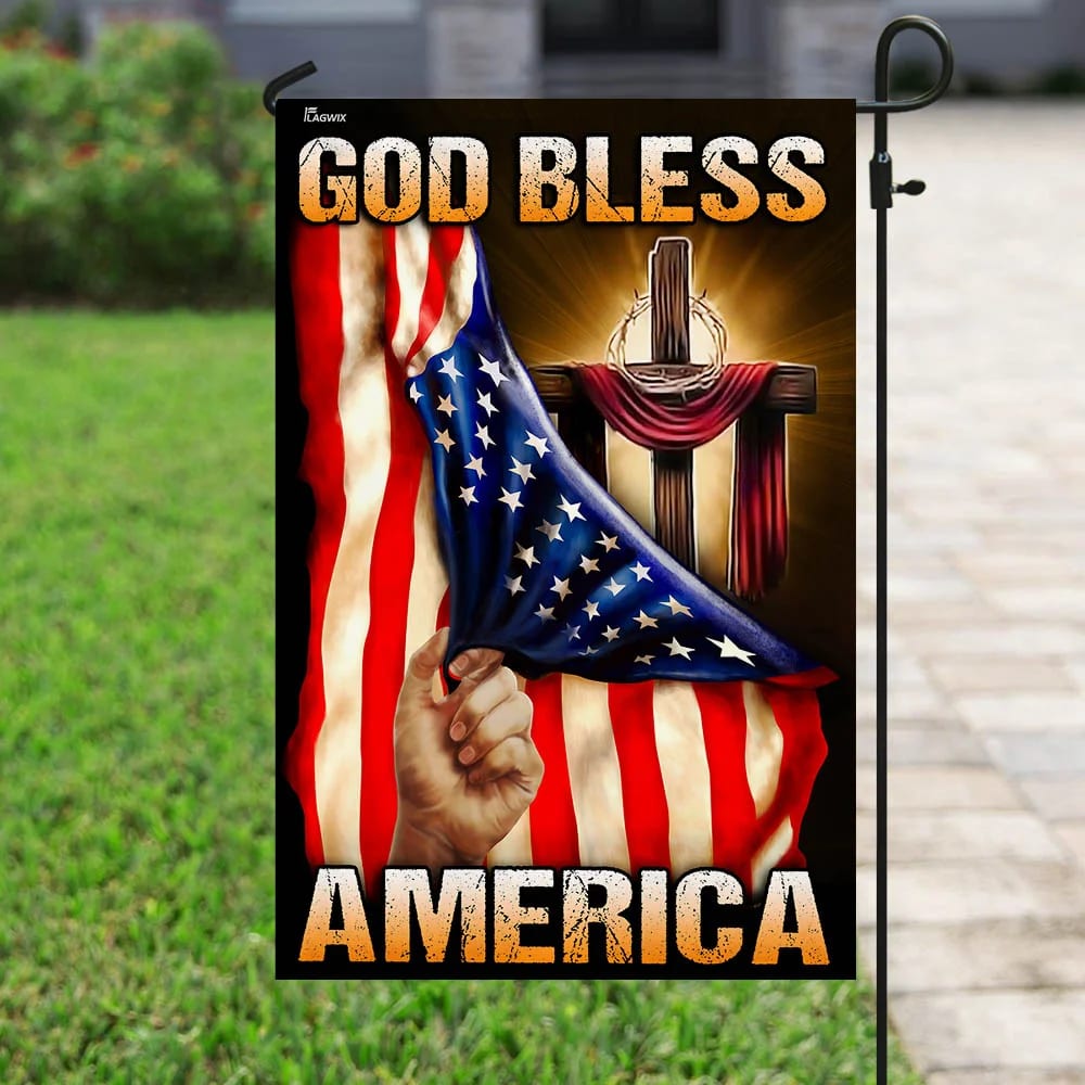 God Bless America Christian Cross Flag - Outdoor Christian House Flag - Christian Garden Flags