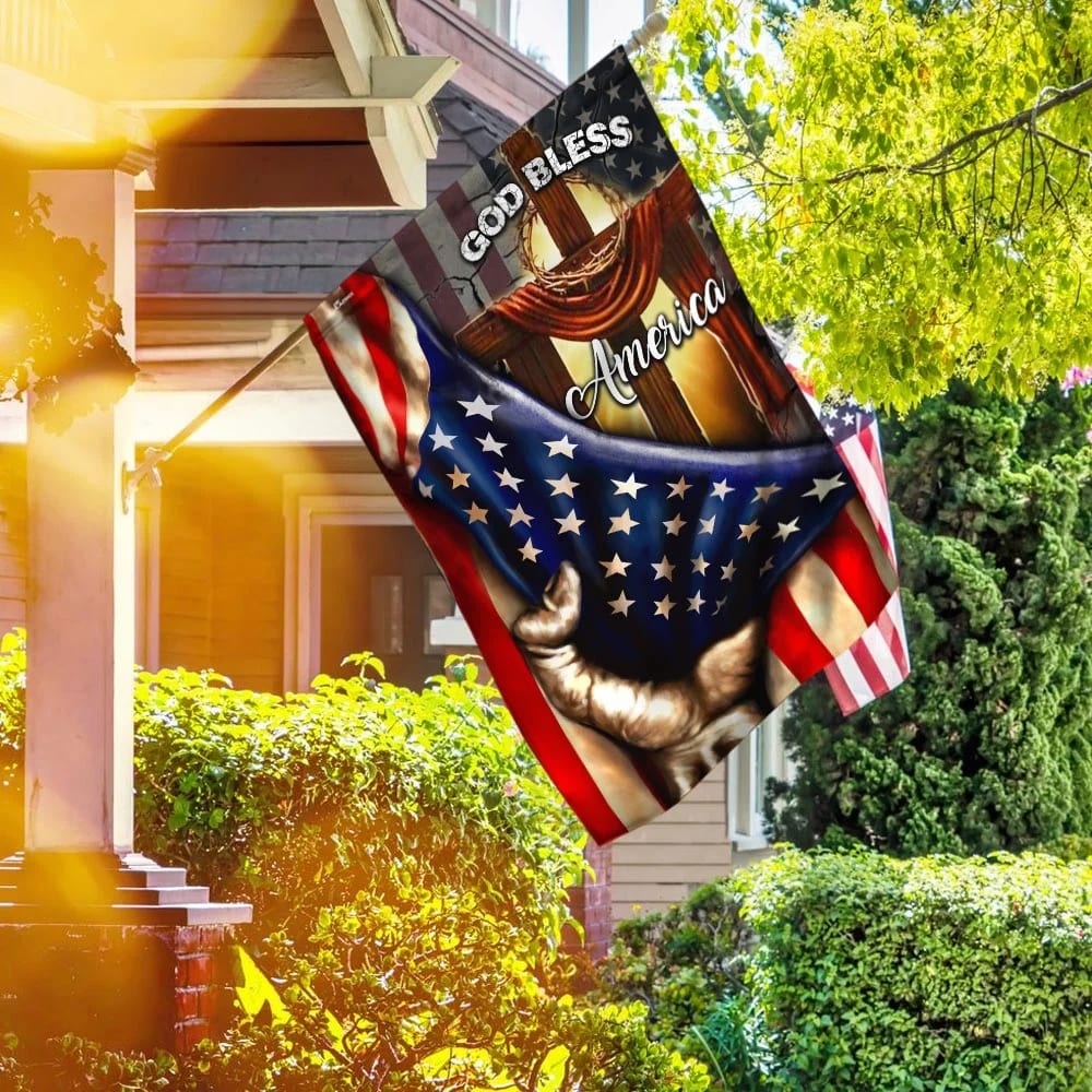 God Bless America Christian Cross House Flags - Christian Garden Flags - Outdoor Christian Flag