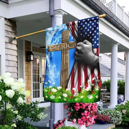 God Bless America Christian Cross US Flag - Outdoor Christian House Flag - Christian Garden Flags