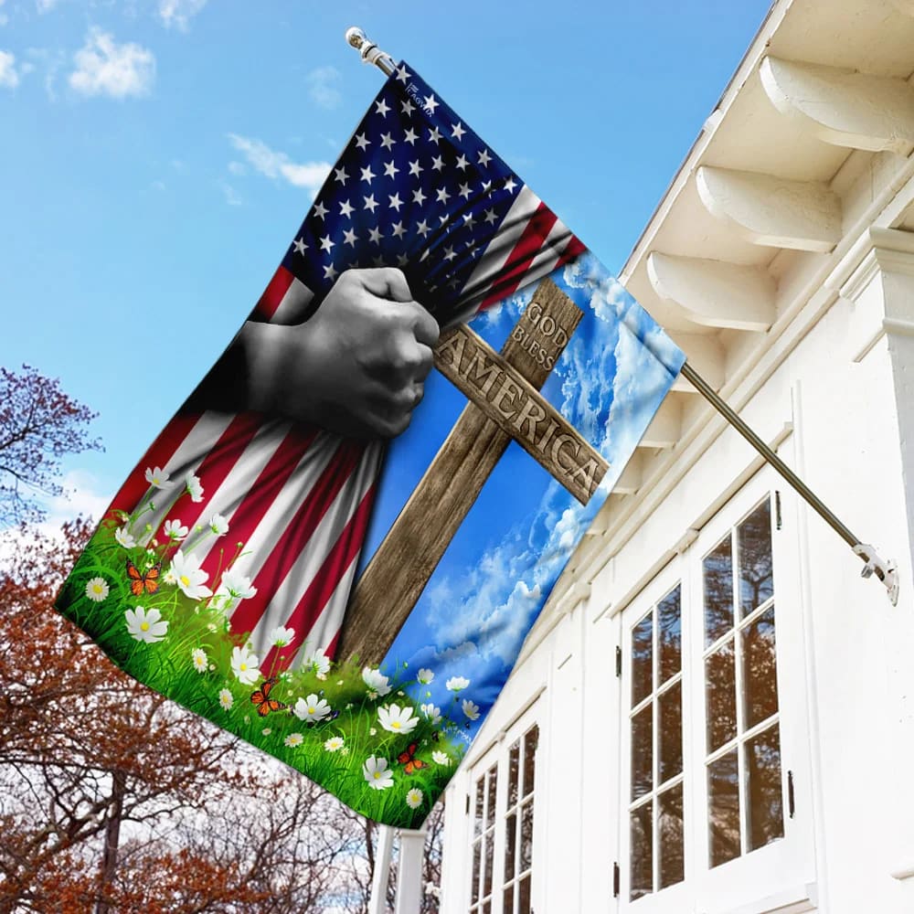 God Bless America Christian Cross US Flag - Outdoor Christian House Flag - Christian Garden Flags